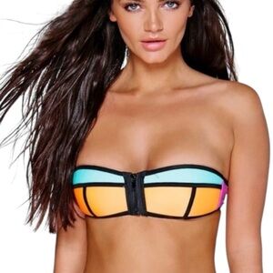 TRIANGL Bandeau Strapless Orange/Turquoise Bikini Neoprene Top Size Small